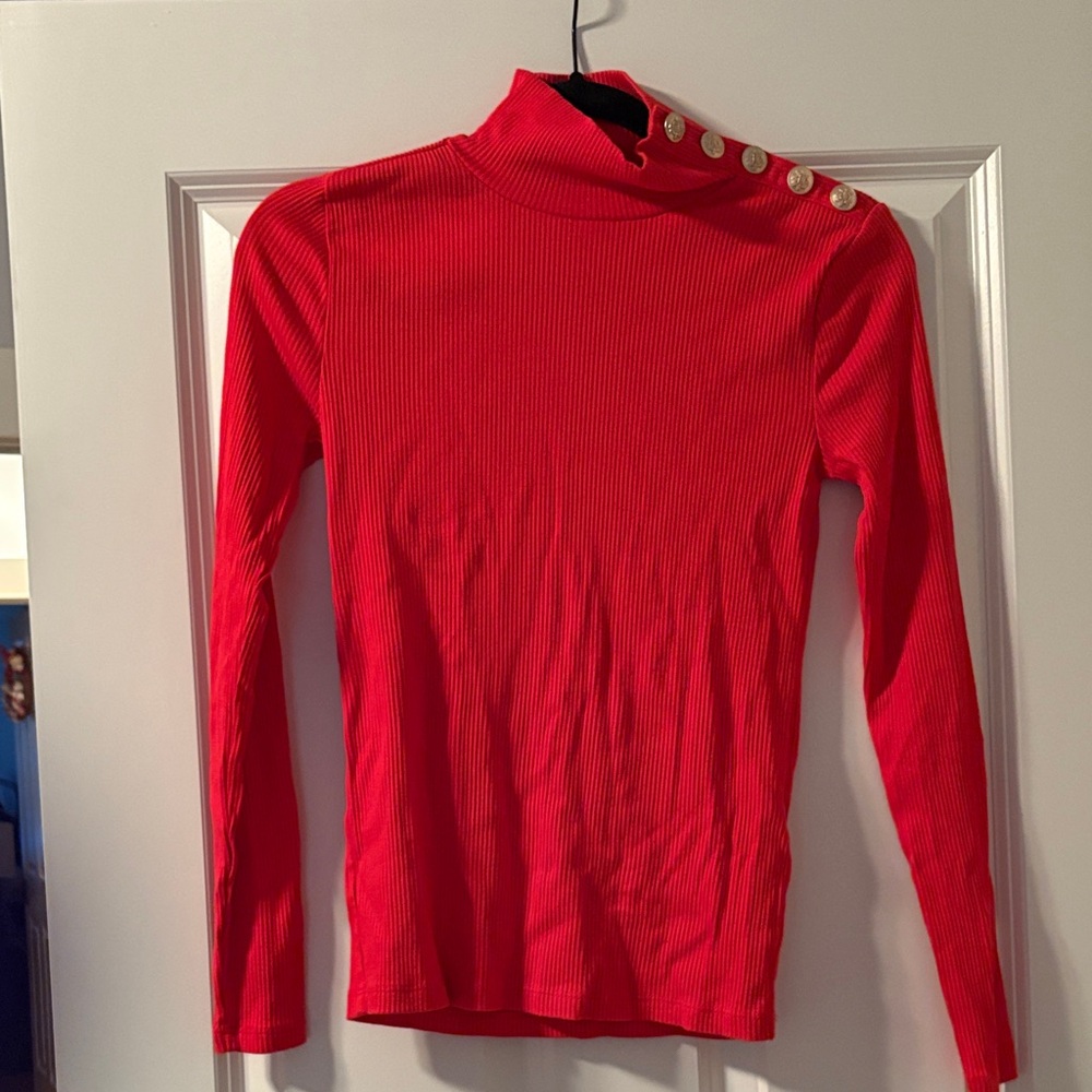 J Crew Festive Red Ribbed Long Sleeve Turtleneck with Gold Buttons—EUC